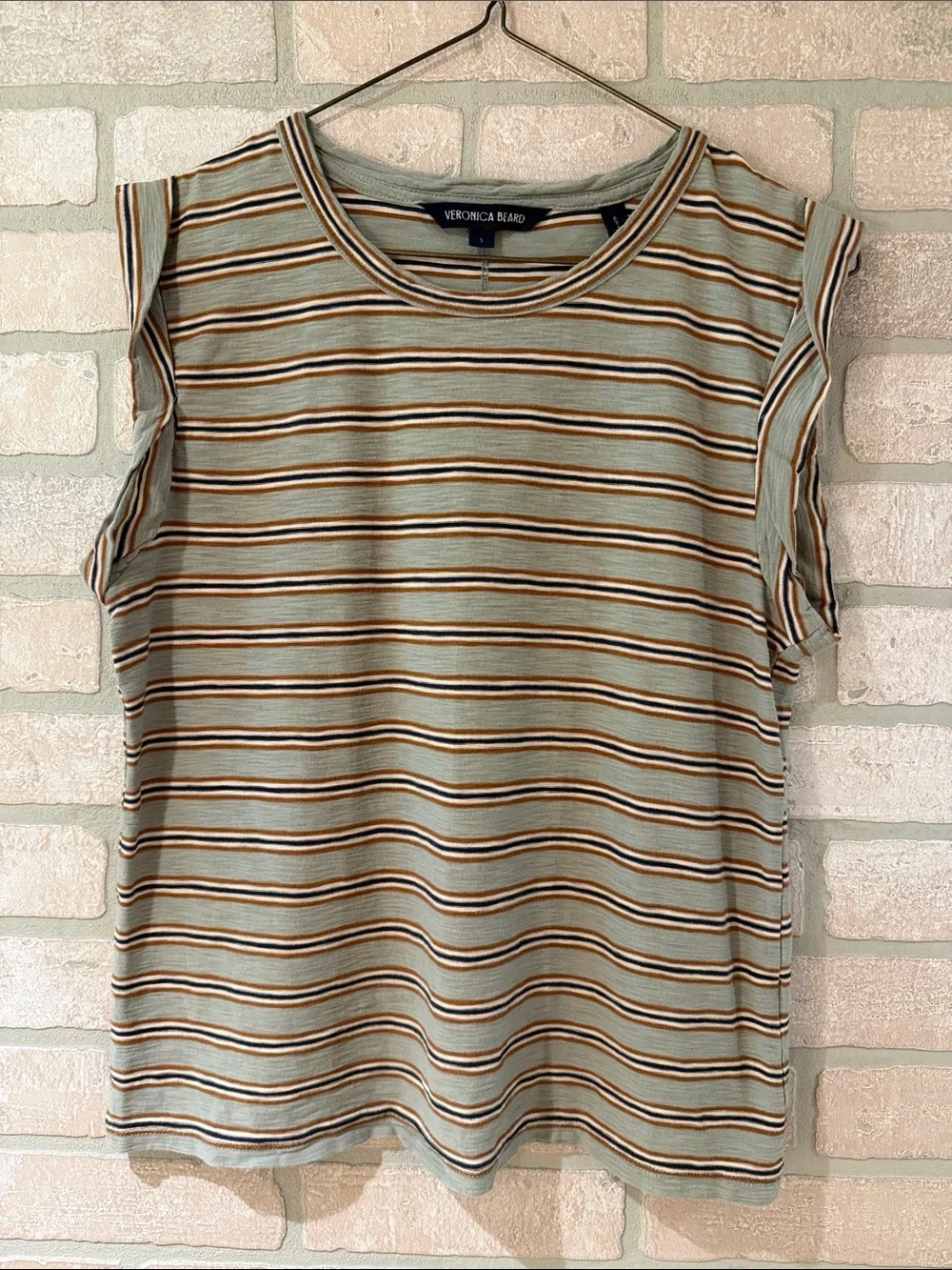 Veronica Beard Dree Muscle Tee Striped Sleeveless Tank in Sage, Cream & Brown - Picture 4 of 6